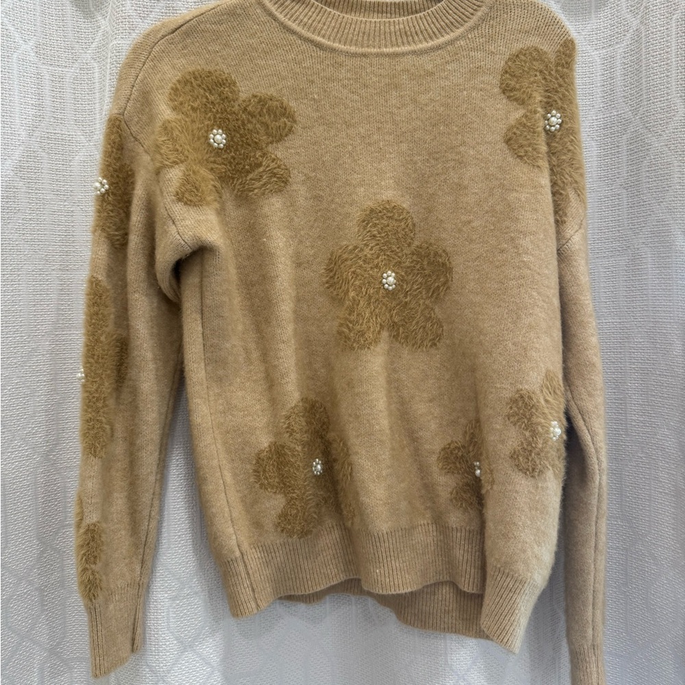 Nanette Lepore Tan Crew Neck Sweater with Floral Design